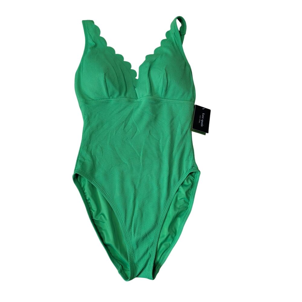 Kate Spade New York Womens One-Piece Swimsuit Scalloped V-Neck Green Size M NWT